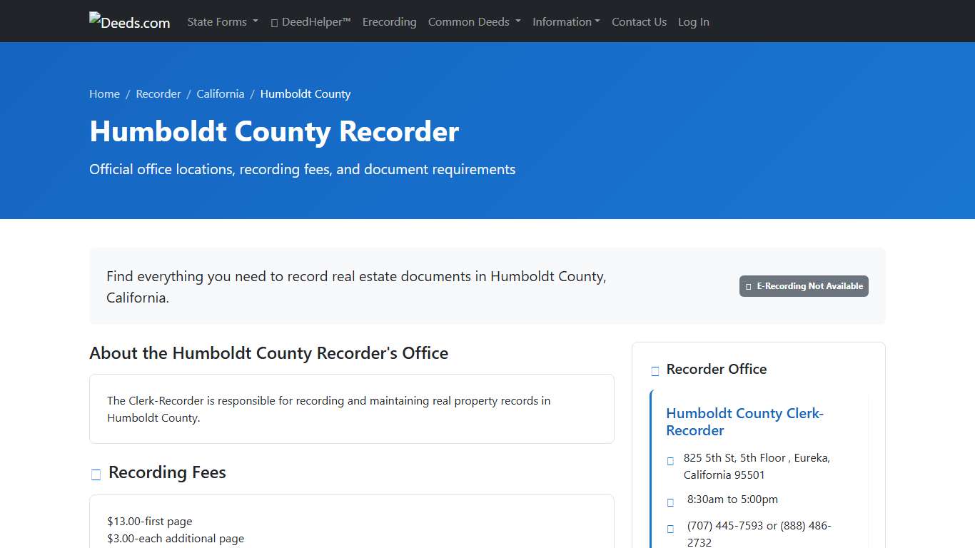 Humboldt County Recorder Information, California - Deeds.com
